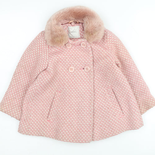 Next Pink Girls Pea Coat 3-4 Years Houndstooth Fur Trim