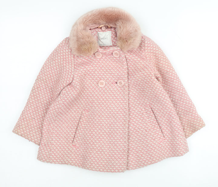 Next Pink Girls Pea Coat 3-4 Years Houndstooth Fur Trim