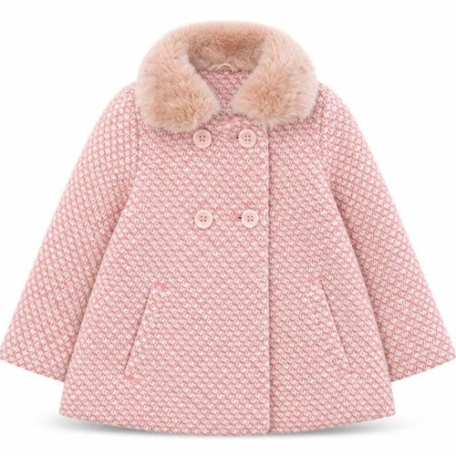 Next Pink Girls Pea Coat 3-4 Years Houndstooth Fur Trim