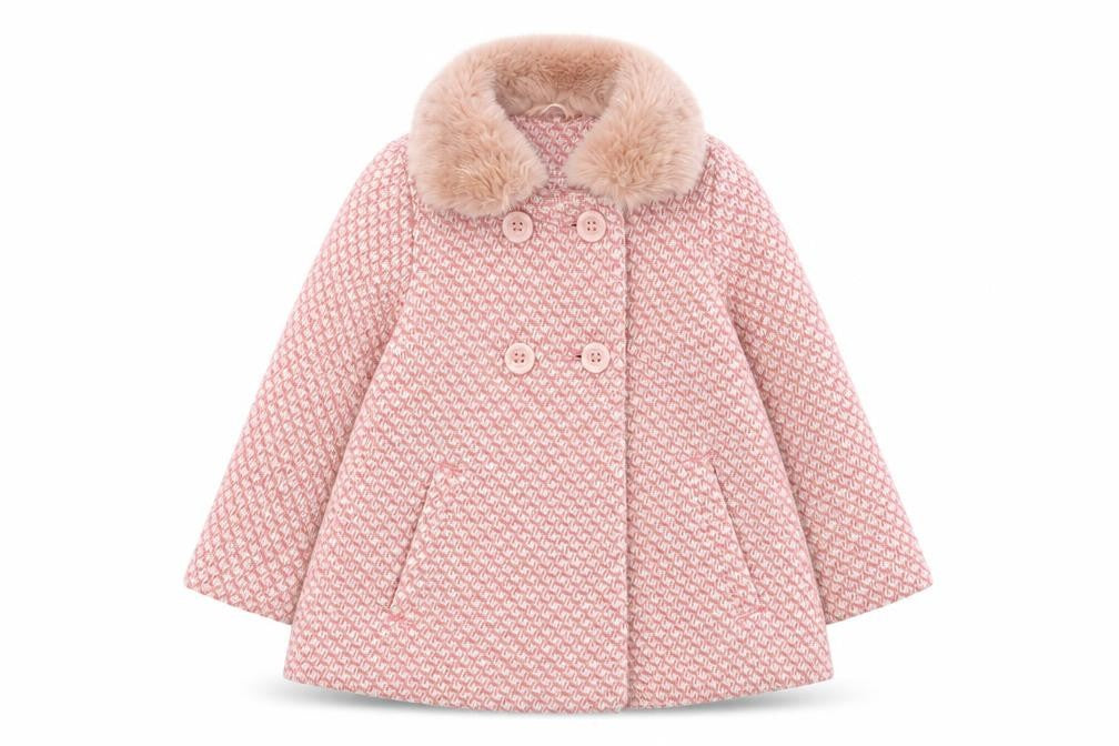 Next Pink Girls Pea Coat 3-4 Years Houndstooth Fur Trim