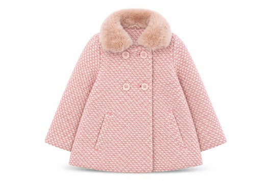 Front view of Next Pink girls’ pea coat 3-4 years houndstooth fur trim