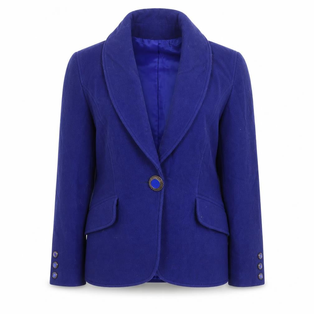 Front view of Women's Blue Wool Cashmere Blazer Shawl Lapel, size 2