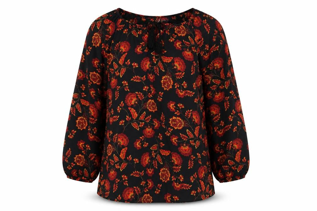Front view of BHS Women's Black Floral Tunic Blouse, size 12