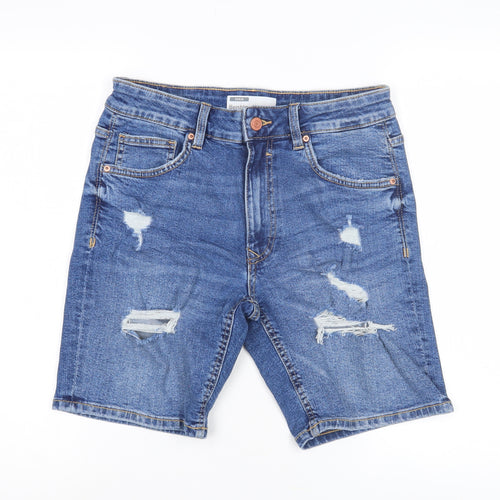 Bershka Men's Blue Denim Distressed Shorts, Size S