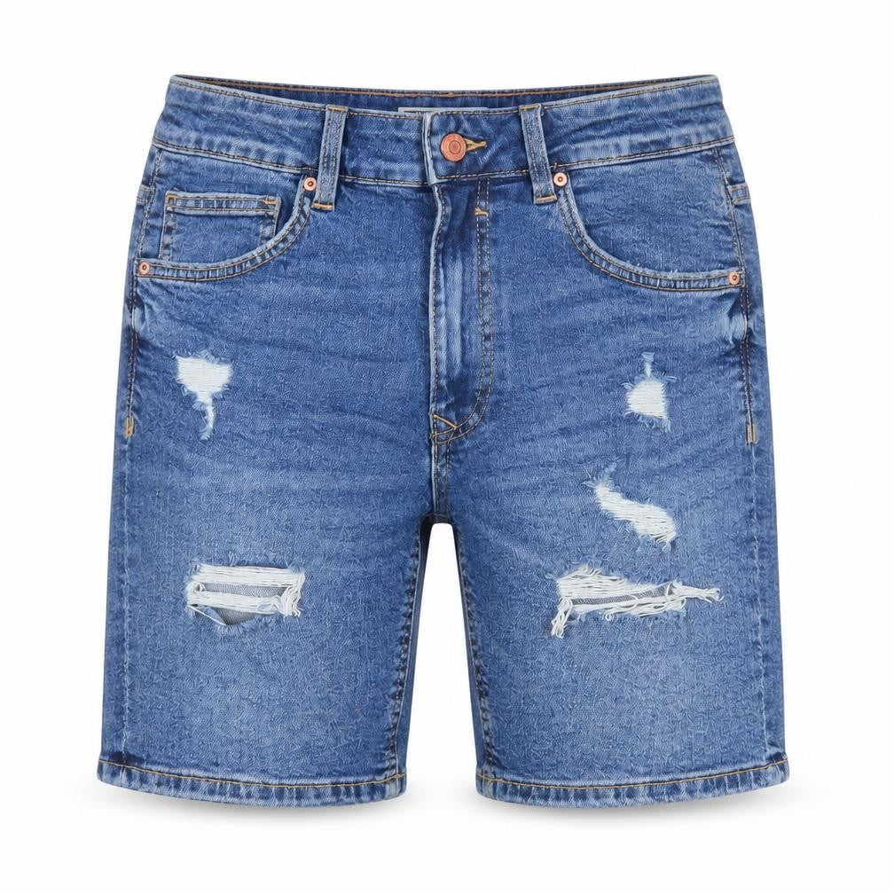 Front view of Bershka Men's Blue Denim Distressed Shorts, size S