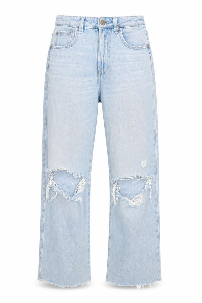 Front view of Stradivarius Women's Blue Distressed Straight Jeans, size 6