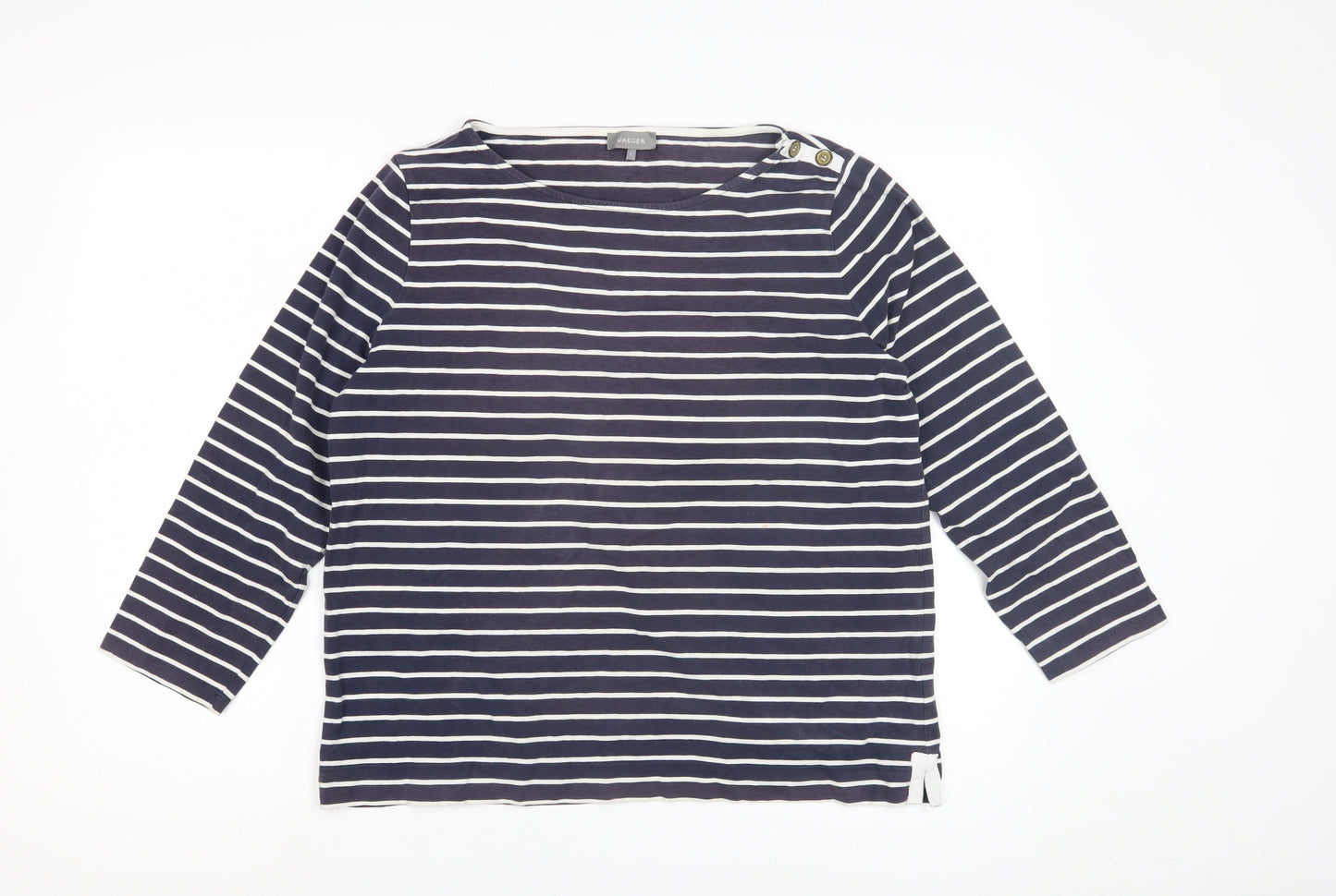 Jaeger Women's Blue Striped Cotton T-Shirt, Size L, 3/4 Sleeve