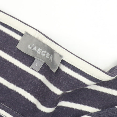 Jaeger Women's Blue Striped Cotton T-Shirt, Size L, 3/4 Sleeve