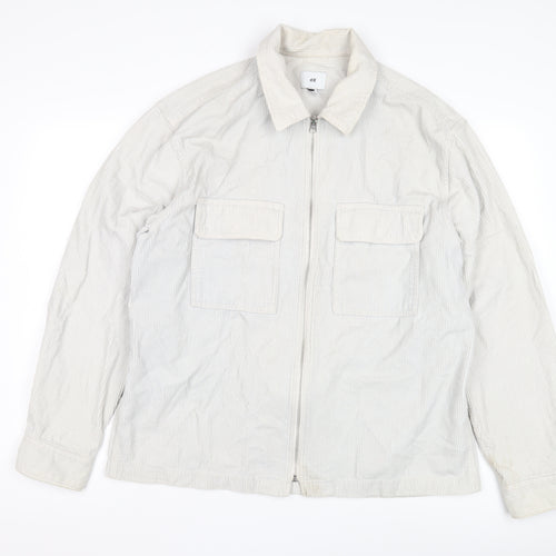 H&M Men's White Cotton Jacket, M, Casual, Full Zip