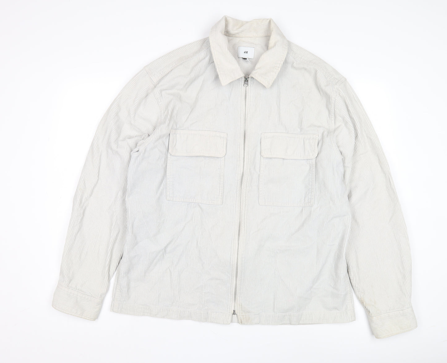 H&M Men's White Cotton Jacket, M, Casual, Full Zip