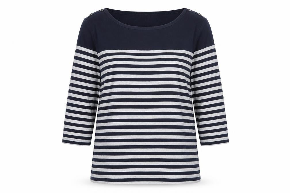 Front view of Country Casuals Women's Blue Striped Jersey Top, size L
