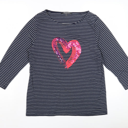 Bonmarché Women's Blue Striped T-Shirt 14 with Sequin Heart