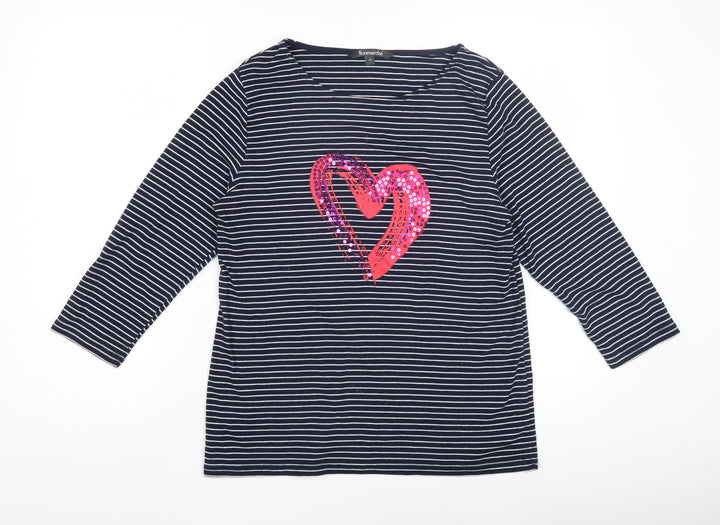 Bonmarché Women's Blue Striped T-Shirt 14 with Sequin Heart