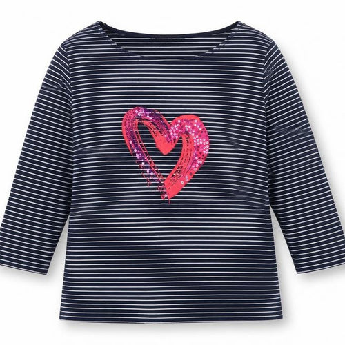 Bonmarché Women's Blue Striped T-Shirt 14 with Sequin Heart