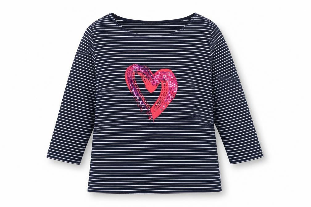 Bonmarché Women's Blue Striped T-Shirt 14 with Sequin Heart