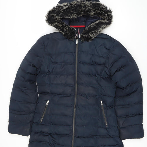 Kangol Women's Blue Puffer Jacket Size 14 Hooded Fur Trim