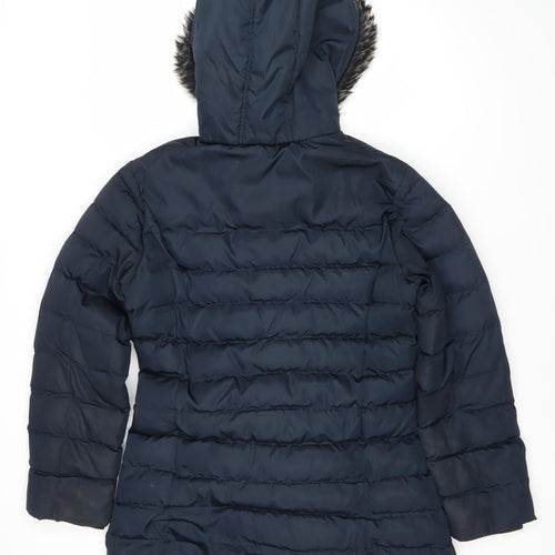 Kangol Women's Blue Puffer Jacket Size 14 Hooded Fur Trim