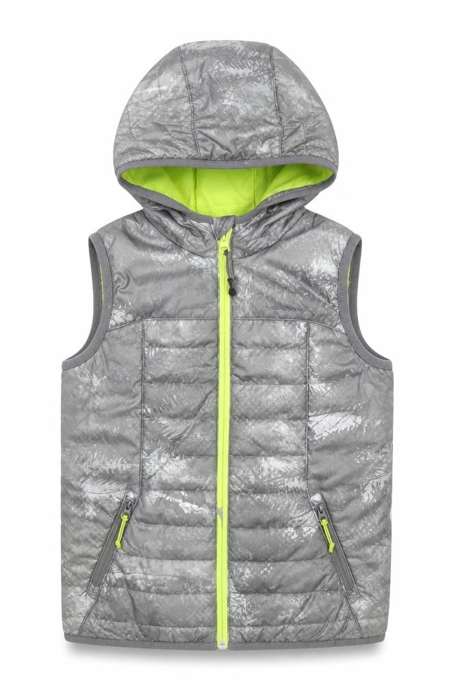 Front view of Decathlon boys’ grey hooded puffer jacket 8 years
