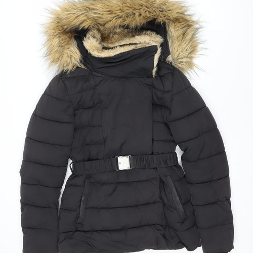 Warehouse Women's Black Puffer Jacket with Fur Hood Size 6