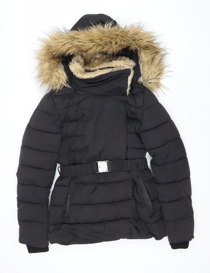 Warehouse Women's Black Puffer Jacket with Fur Hood Size 6