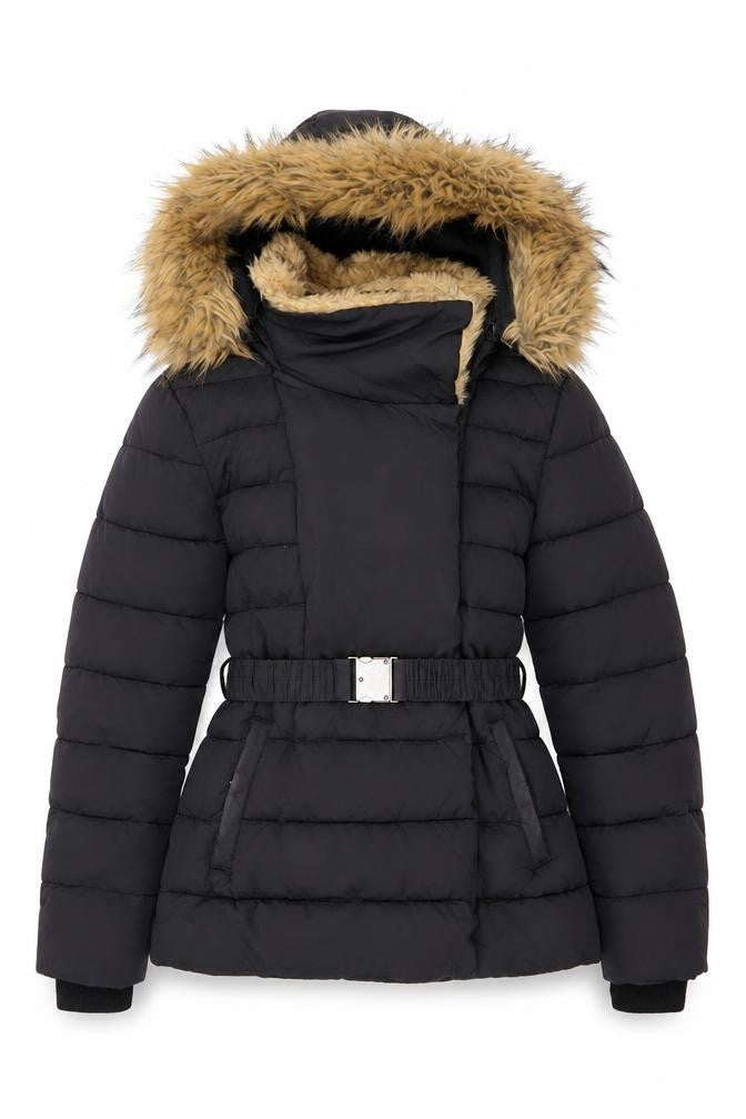 Front view of Warehouse Women's Black Puffer Jacket with Fur Hood, size 6