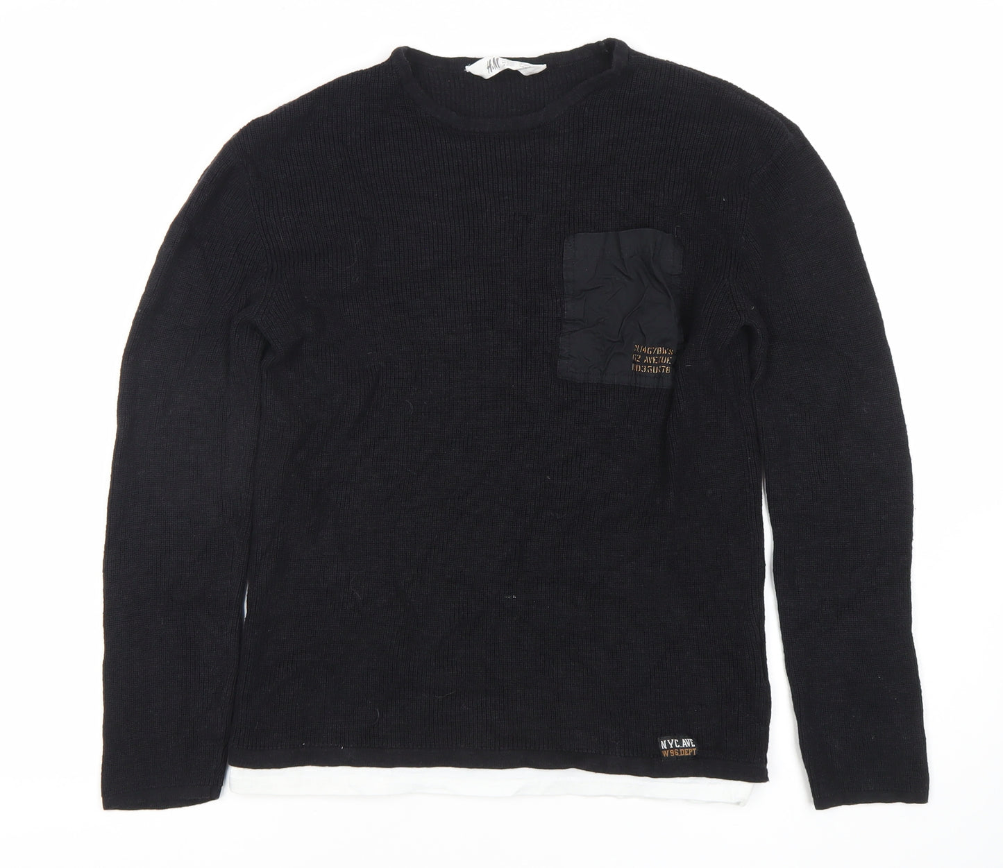 H&M Boys Black Pullover Jumper, Size 11 Years, Crew Neck