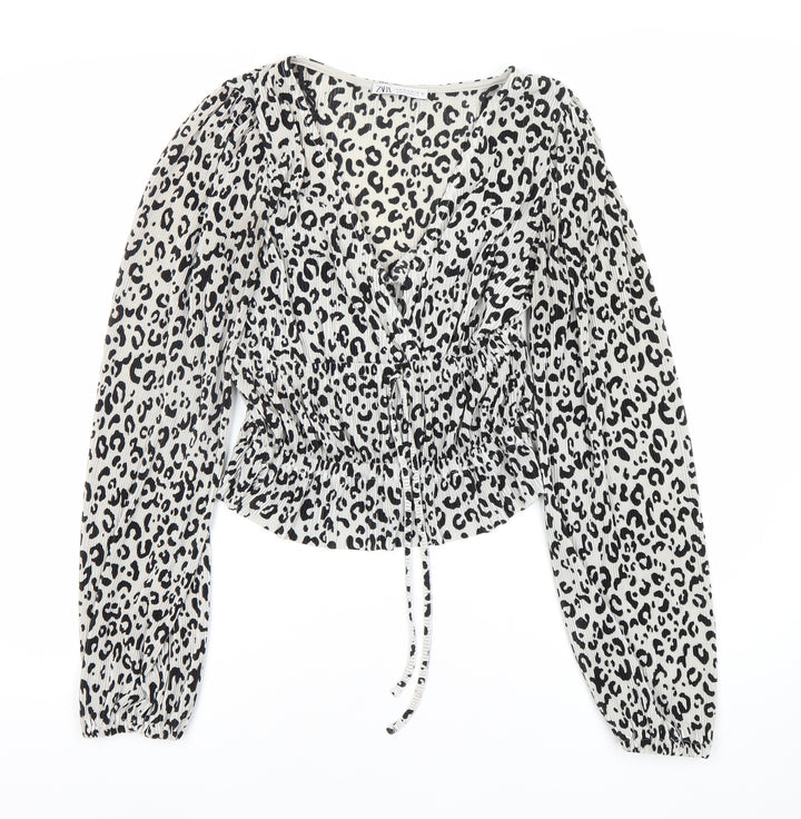 Zara Women's Cropped White Animal Print Blouse Size 4
