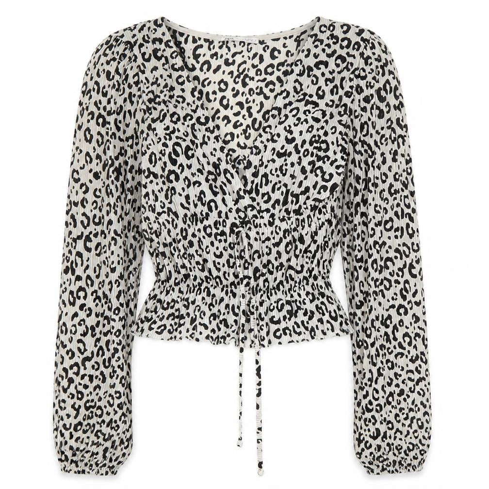 Front view of Zara Women's Cropped White Animal Print Blouse, size 4