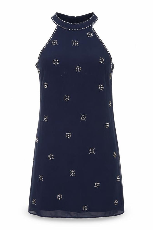 Front view of Monsoon Women's Blue Beaded Sleeveless Dress