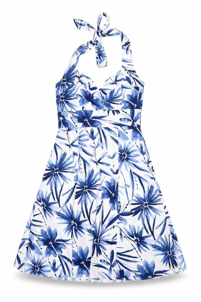 Front view of Wallis Women's Blue Floral A-Line Dress, size 10