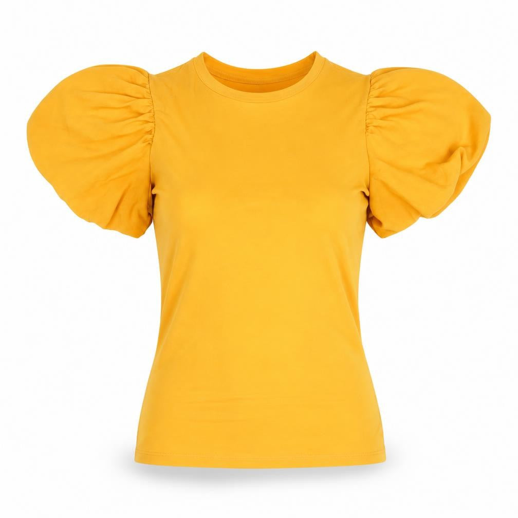 Front view of Evyous Women's Yellow Puff Sleeve T-Shirt, size 10