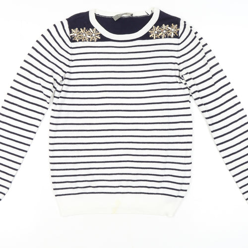 Oasis Women's White XS Striped Beaded Pullover Jumper