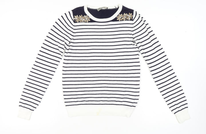 Oasis Women's White XS Striped Beaded Pullover Jumper