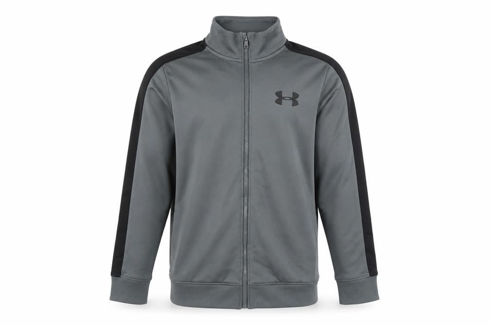 Front view of Under Armour boys’ medium grey full zip sweatshirt