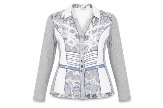 Front view of Stenau Women's Grey Button-Up Paisley Shirt, size 12