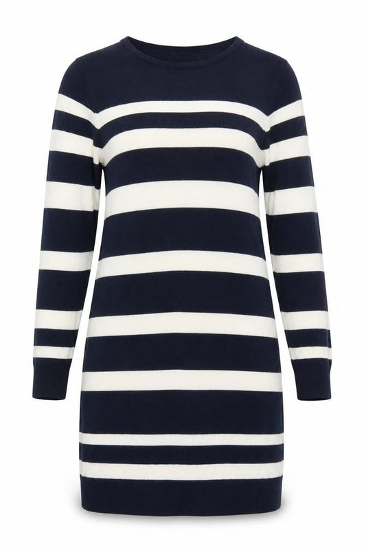 Front view of Cinema Club Women's Blue Striped Knit Dress