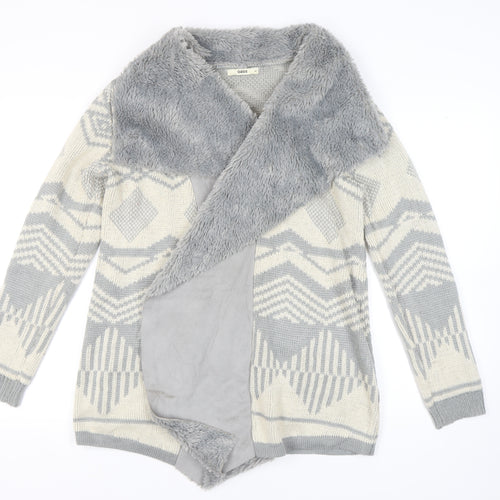 Oasis Women's Grey Open Front Cardigan in Size M, Geometric Knit