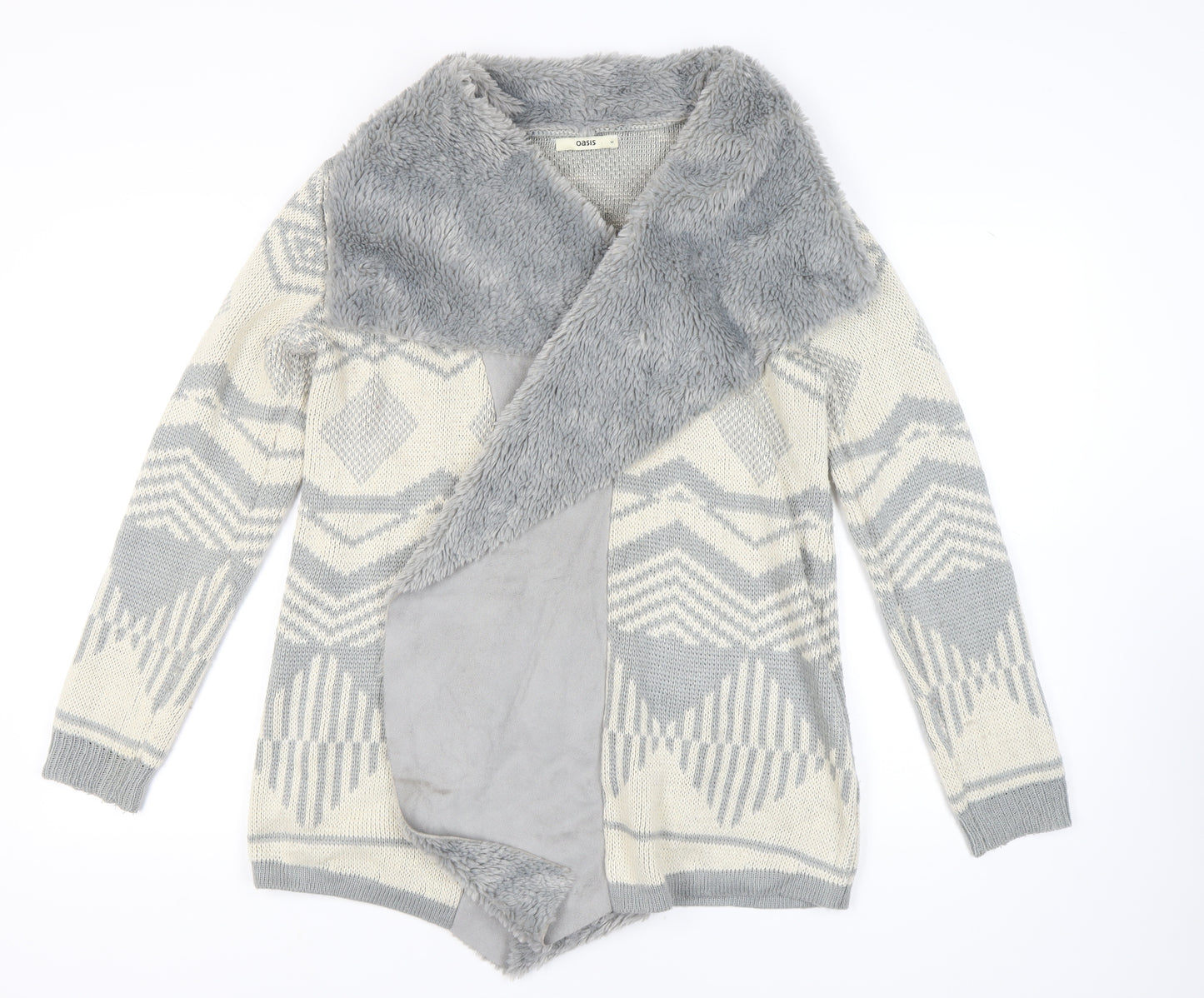 Oasis Women's Grey Open Front Cardigan in Size M, Geometric Knit