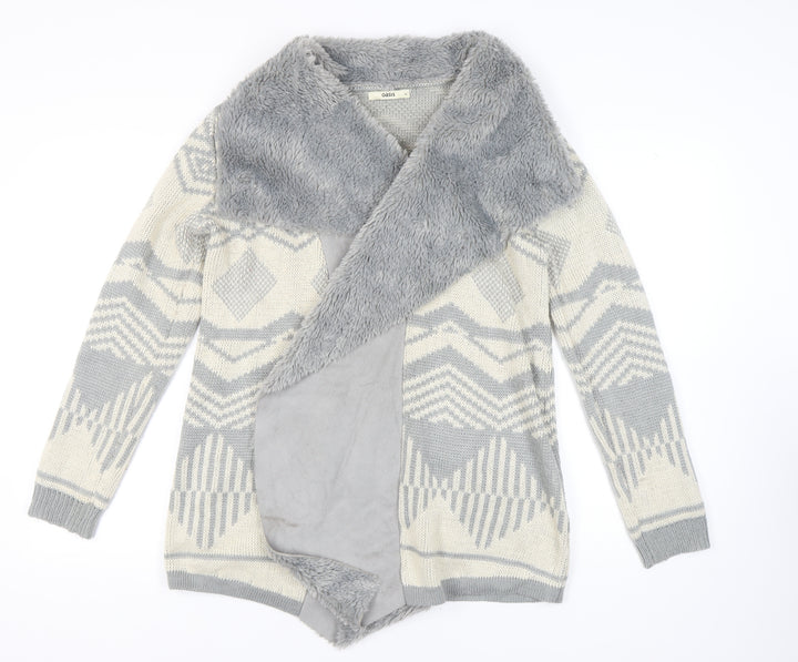Oasis Women's Grey Open Front Cardigan in Size M, Geometric Knit