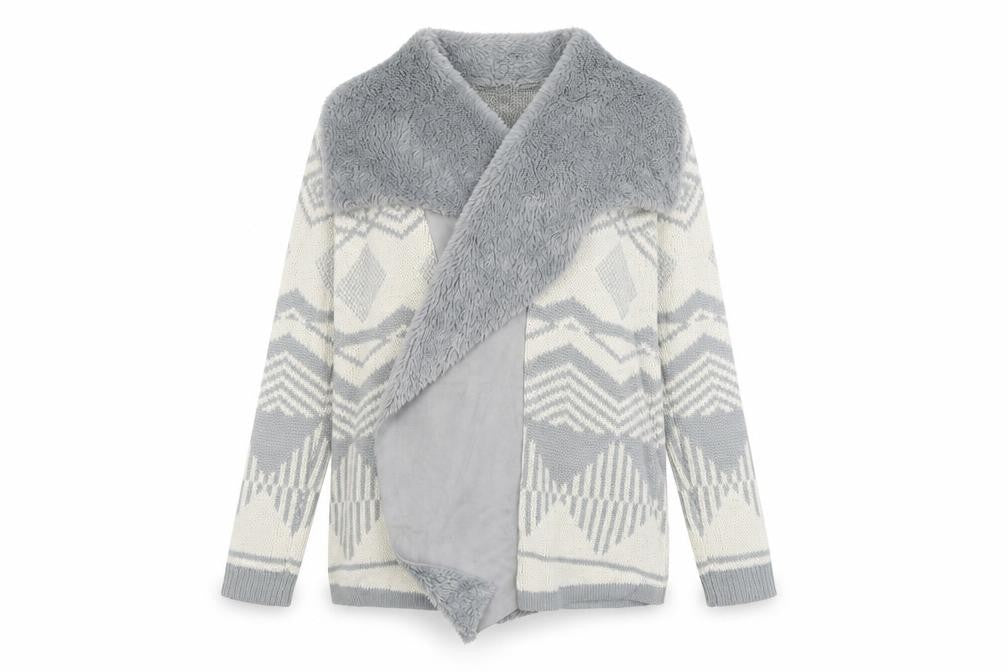 Front view of Oasis Women's Grey Open Front Cardigan in, size M, Geometric Knit