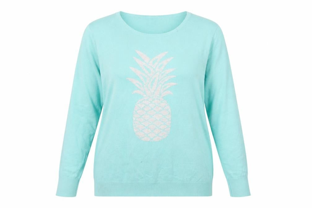 Front view of M&Co Women's Blue Pineapple Jumper, size 20