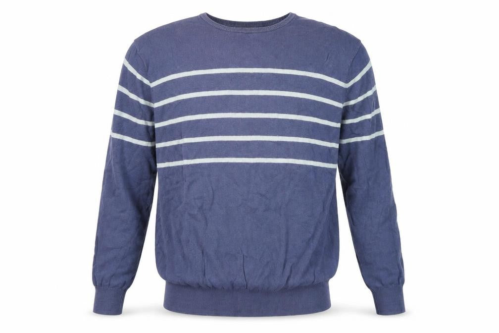 Front view of Woolovers Men's Blue Striped jumper, L