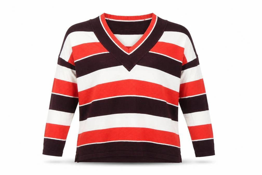 Front view of Warehouse Women’s Striped V-Neck jumper Red 10