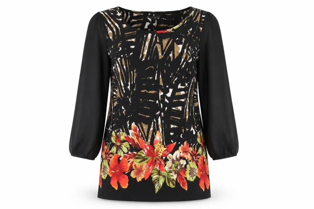 Front view of David Emanuel Women's Black Floral Tunic, size 12