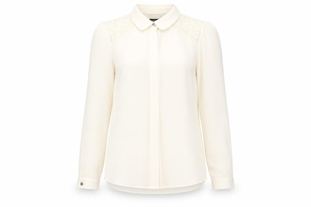 Front view of Warehouse Women's Beige Lace Blouse UK 10