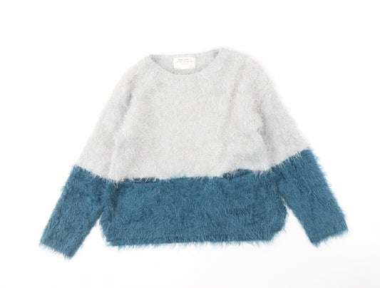 Zara Girls Grey Blue Colourblock Pullover Jumper 7 Years