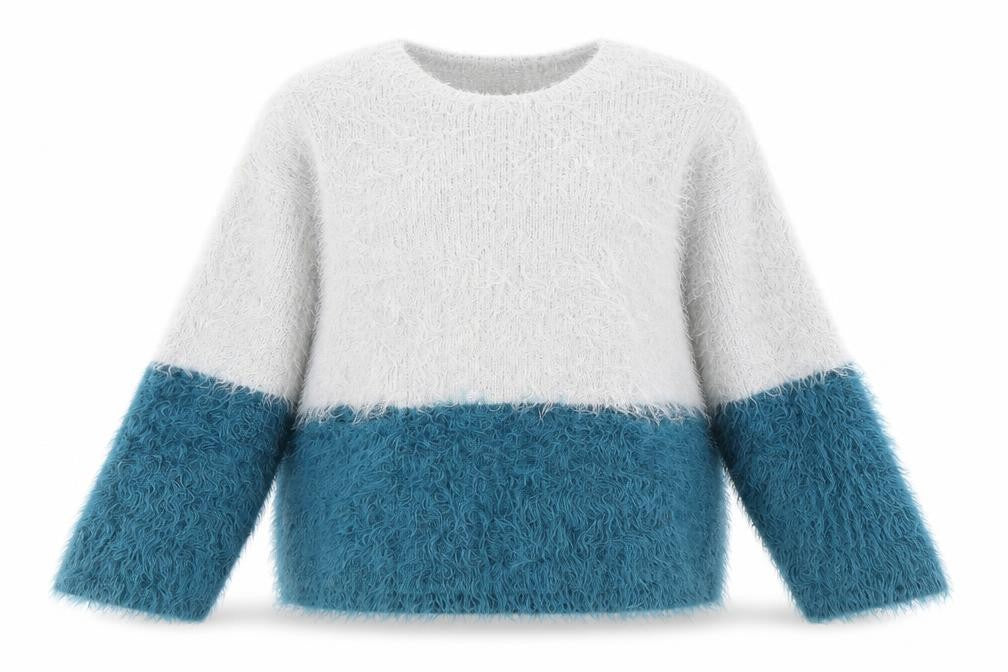 Front view of Zara girls’ grey blue colourblock jumper 7 years