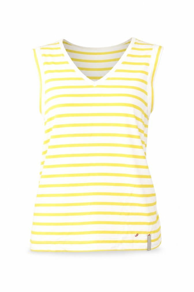 Front view of Voile Bleue Women's Yellow Striped V-Neck Top