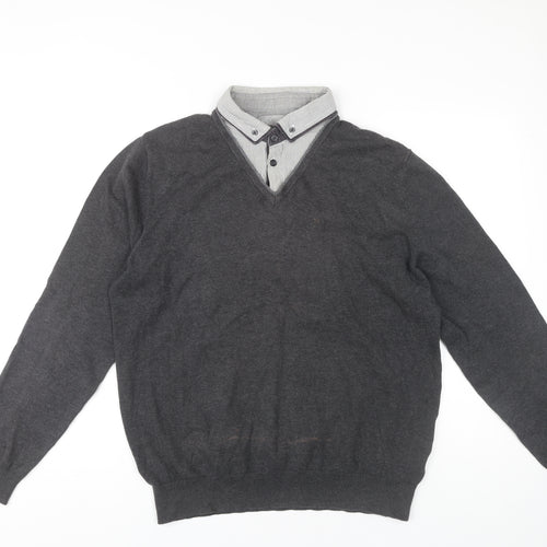 Marks and Spencer Men's Grey V-Neck Pullover - M