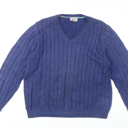Marks and Spencer Men's Blue XL V-Neck Cotton Jumper